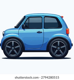 A side profile illustration of a small light blue compact car with large wheels designed in a stylized cartoon aesthetic