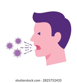 Side profile of a man coughing, expelling airborne virus particles, representing the transmission of illness, flu, cold, or infection in a public health setting.