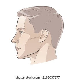 Side profile man face. Male portrait of young beautiful boy with trendy hairdo. profile view. Vector sketch line illustration.