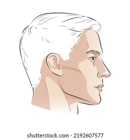 Side profile man face. Male portrait of young beautiful boy with trendy hairdo. Profile view. Vector sketch line illustration.