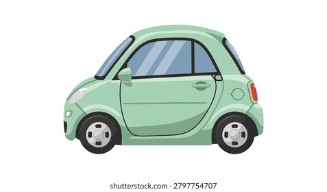 Side profile of a mint green small electric microcar in flat vector style isolated on a white background. Compact city vehicle with two doors, rounded body, and simple wheels.