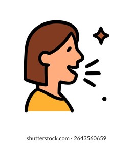 Um perfil lateral de uma pessoa falando, com linhas de fala e um brilho, em um estilo de ilustração plano e colorido.