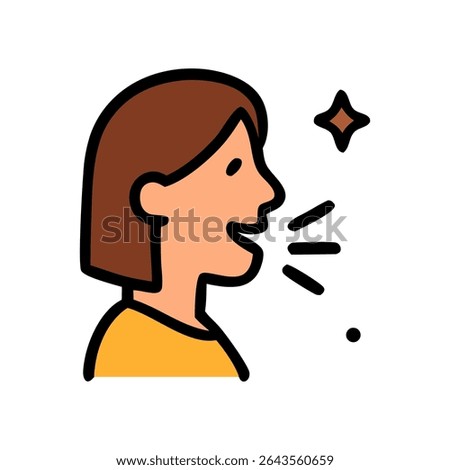 A side profile of a person speaking, with speech lines and a sparkle, in a flat, colorful illustration style.