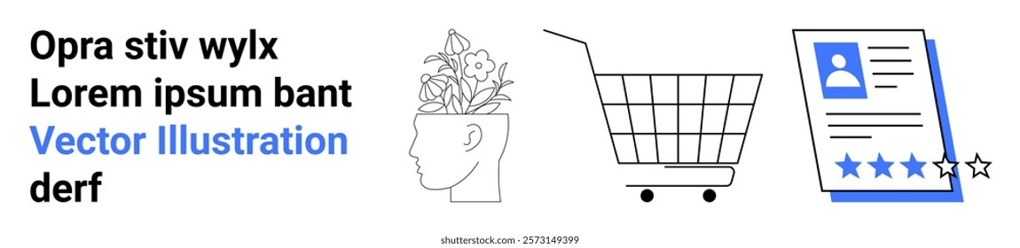 A side profile with plants growing from the head, a shopping cart, and a rating review with text. Ideal for e-commerce, digital marketing, product reviews, mental growth, and online shopping. Banner