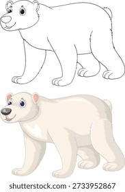 A side profile of a polar bear presented in both line art and colored versions