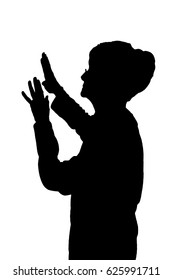 Side profile portrait silhouette of elderly lady protecting self against attack  