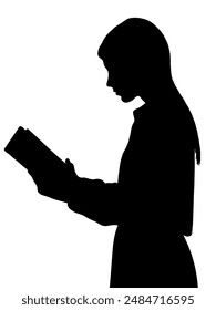 Side profile portrait silhouette of standing teenage girl reading a book