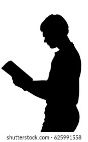 Side Profile Portrait Silhouette Of Standing Teenage Boy Reading A Book