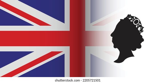 Side profile of the Queen with crown, flag in background