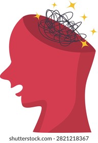 A side profile of a red head silhouette with a cut-out top revealing a tangled mess of lines inside, surrounded by small yellow stars, symbolizing confusion, stress, or mental disarray.