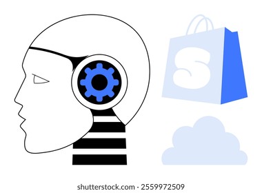 Side profile of a robotic head with a gear inside, accompanied by a shopping bag and a cloud icon. Ideal for technology, artificial intelligence, e-commerce, cloud computing, futuristic themes