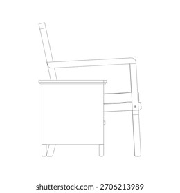 Perfil lateral mostrando a profundidade e a forma do apoio de braço da poltrona, com a mesa de gaveta posicionada ao lado dela, realçando proporções e alinhamento de altura funcional.