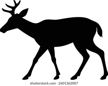 Side profile silhouette showcases a deer walking, detailed with distinct antlers. The black shadow stands out against a white backdrop.