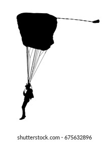 Side Profile Silhouette Of Sky Diver With Open Parachute Landing