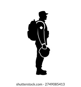 A side profile silhouette of a soldier in uniform, carrying a large backpack and holding a helmet, against a white background.