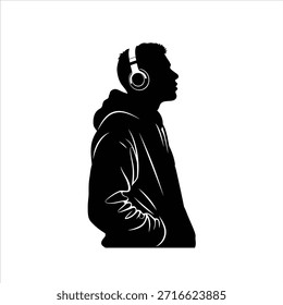 Silueta de perfil lateral de hombre joven con capucha y auriculares, manos en los bolsillos. Estilo urbano casual, escuchar música. Aislado en blanco.