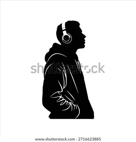 Side profile silhouette of young man wearing hoodie and headphones, hands in pockets. Casual urban style, listening to music. Isolated on white.