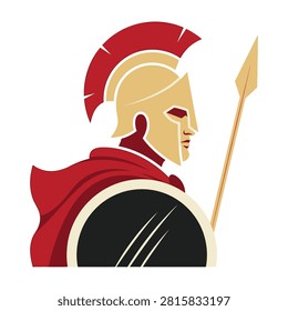 A side profile of a Spartan warrior wearing a classic golden crested helmet and a flowing red cape while holding a spear and shield. Symbol of strength and courage.