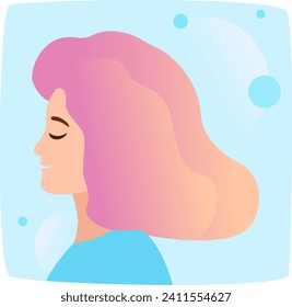 Perfil lateral de una joven tranquila de cabello rosa, expresión serena. Suave fondo pastel con burbujas abstractas. Ilustración vectorial de concepto de reflexión y relajación.