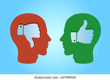 Side profile two men with thumbs up and thumbs down hand symbols inside head isolated on blue background 