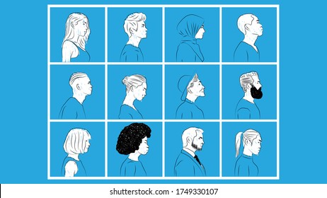 side profile of various diverse people simple hand drawn design style minimal vector illustration