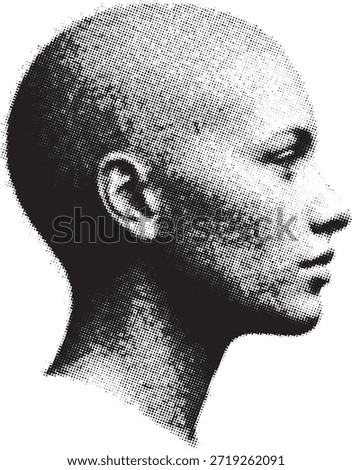 Side Profile View of Bald Human Head in Halftone Pattern