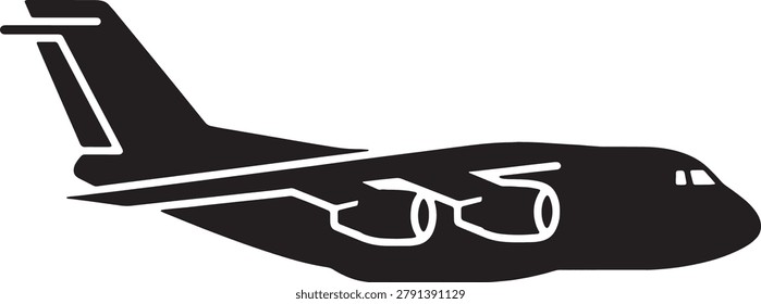 Side profile view of heavy cargo aircraft icon. Detailed vector graphic silhouette representing air freight transport aviation and global logistics industry concepts for professional business use.
