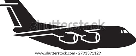 Side profile view of heavy cargo aircraft icon. Detailed vector graphic silhouette representing air freight transport aviation and global logistics industry concepts for professional business use.