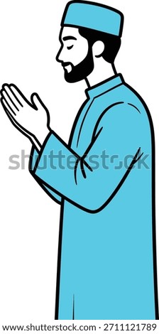 Side profile view of muslim man praying in blue attire with cupped hands a muslim pray icon showing solemn moment of devotion.