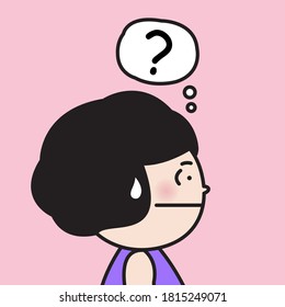 Side Profile View Of Nervous Girl With Question Mark In Bubble Speech Concept Card Character illustration