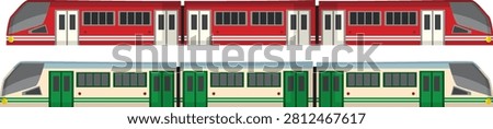 Side profile view of two modern urban commuter trains in red and green colors.