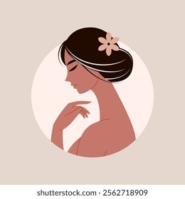 Side Profile of Woman in Minimalist Round Art with Floral And Soft Accent