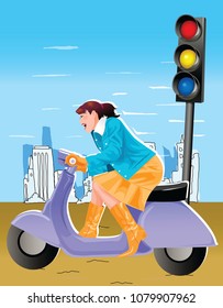 Side profile of a woman riding a scooter
