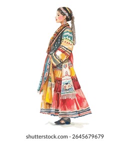 Um perfil lateral de uma mulher em roupas tradicionais, mostrando cores vibrantes e padrões intrincados. O trabalho artístico é uma pintura em aquarela.