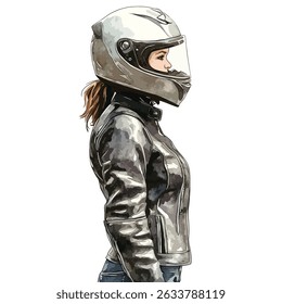 Um perfil lateral de uma mulher usando um capacete de motocicleta e uma jaqueta de couro, parada.