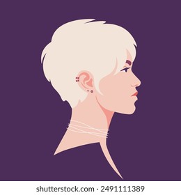 Perfil lateral de una mujer joven con el pelo corto, rubio platino en un fondo oscuro. Vector plano Ilustración