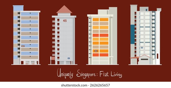 Os perfis laterais dos apartamentos públicos de Singapura exibem uma variedade de estilos arquitetônicos e esquemas de cores, refletindo o compromisso do país com o design urbano prático, mas visualmente distinto. 
