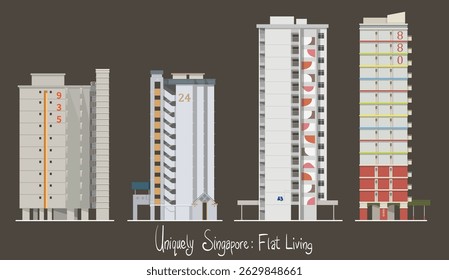 Os perfis laterais dos apartamentos públicos de Singapura exibem uma variedade de estilos arquitetônicos e esquemas de cores, refletindo o compromisso do país com o design urbano prático, mas visualmente distinto. 
