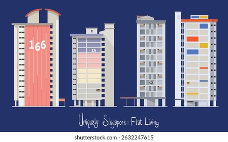 Os perfis laterais dos apartamentos públicos de Singapura exibem uma variedade de estilos arquitetônicos e esquemas de cores, refletindo o compromisso do país com o design urbano prático, mas visualmente distinto. 
