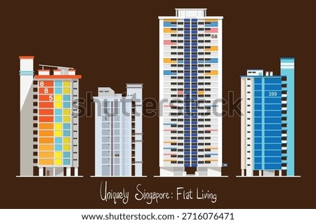 Side profiles of Singapore's public housing flats showcase a variety of architectural styles and color schemes, reflecting the country's commitment to practical yet visually distinct urban design. 
