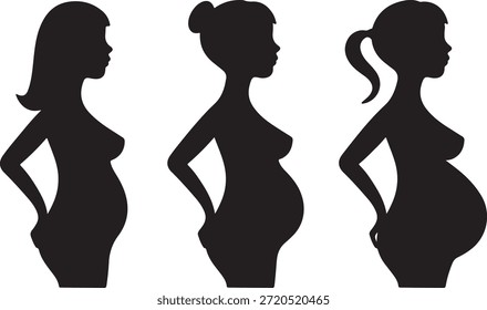 Perfiles laterales de tres mujeres embarazadas en silueta negra, que ilustran la progresión del embarazo con diferentes posturas.