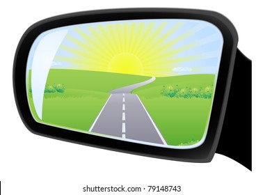 Side Rear View Mirror Automobile With A Road Map, Sun And Green Grass