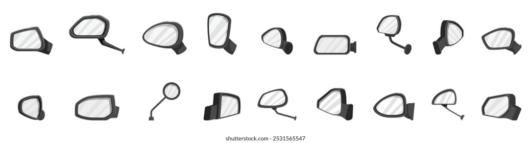 Side rear view mirror icons set. This collection of car rearview mirror icons provides a variety of styles and angles, emphasizing the importance of clear visibility on the road