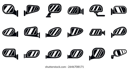 Side rear view mirror icons set. Set of simple black icons representing various designs of car side mirrors, essential for safe driving and rearview awareness