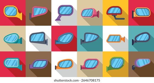 Side rear view mirror icons set. Car side mirrors icons set displaying various shapes, sizes, and colors, providing a comprehensive visual guide for automotive enthusiasts