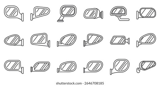 Side rear view mirror icons set. Car side mirrors ensure safe driving by providing a clear view of surrounding traffic
