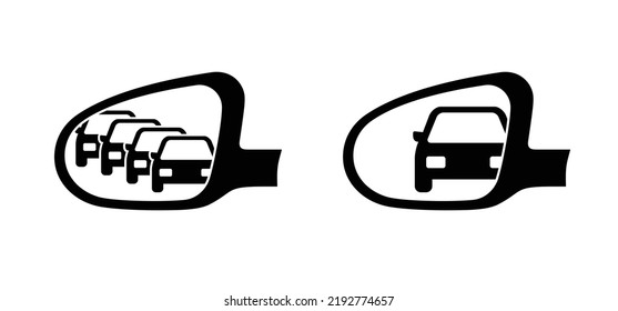 Seitenrückspiegel auf einem, Spiegelbild des Verkehrsflusses. Rückspiegel des Autos. Blick auf das Spiegelauto, Verkehr auf der Straße. Piktogramm oder Symbol für Autos. Vektorwagen auf der Autobahn. Ruderspiegel. Rückansicht.