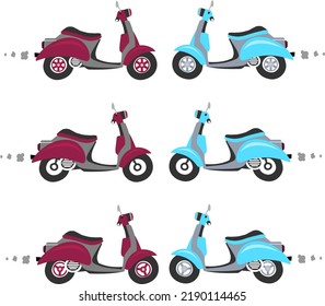 Side retro scooter cartoon. Colorful scooter set. Scooter transport flat icons set. Character design flat vector illustration isolated on white background.