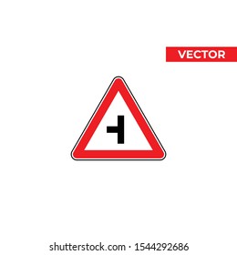 Side road junction on left, traffic sign, vector illustration. Left turn sign on white background
