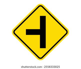 Side Road Left Warning Sign Featuring a Yellow Diamond Shape with Black T Symbol, Indicating a Left-Side Road Intersecting Ahead, Available as a Vector File